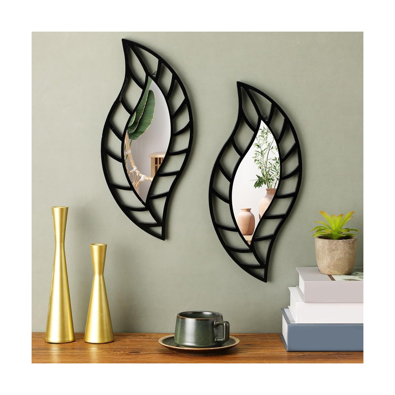 Decorative Mirror Wall Decor Leaf Teardrop Mirror Wall Mounted Decorations / Black / Set of 2
