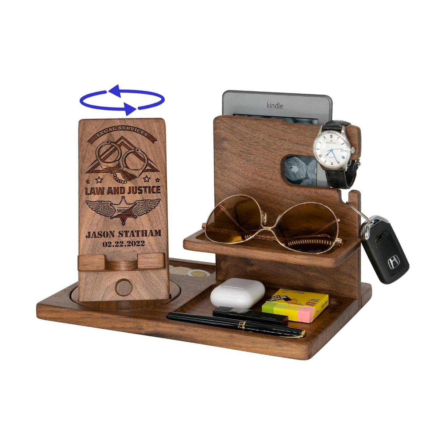 Personalized Lawyer Gifts For Women, Men - Handmade Accessories Desk Organizer with Rotating Phone Stand, Watch Holder