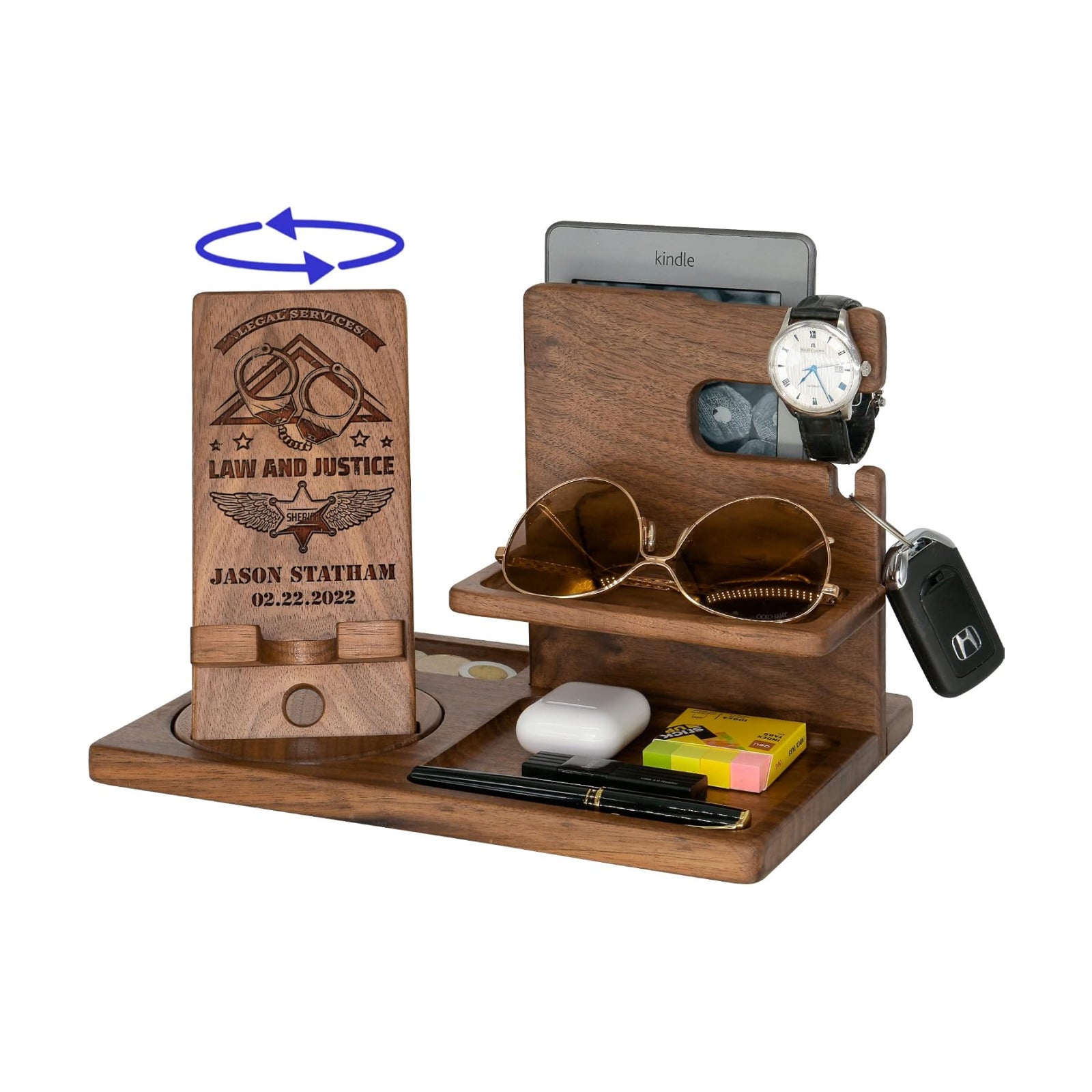 Personalized Lawyer Gifts For Women, Men - Handmade Accessories Desk Organizer with Rotating Phone Stand, Watch Holder