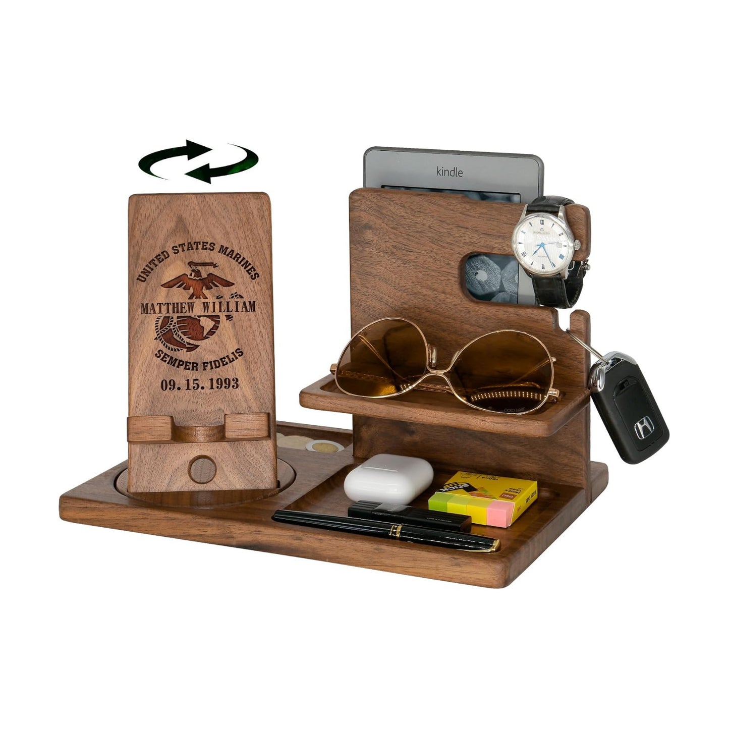 Personalized Military Gifts For Men, Women - Handmade Accessories Desk Organizer with Rotating Phone Stand, Watch