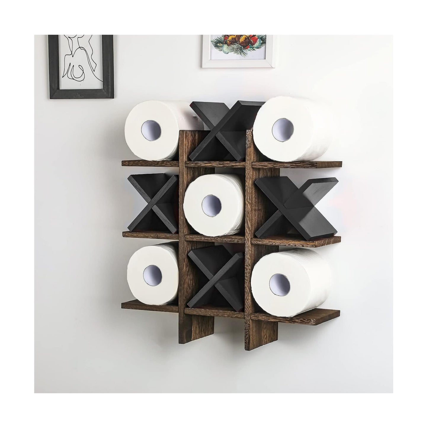 Weysat Tic Tac Toe Toilet Paper Holder,Brown, Black | Farmhouse Bathroom Decor, Freestanding or Wall Mount Storage for