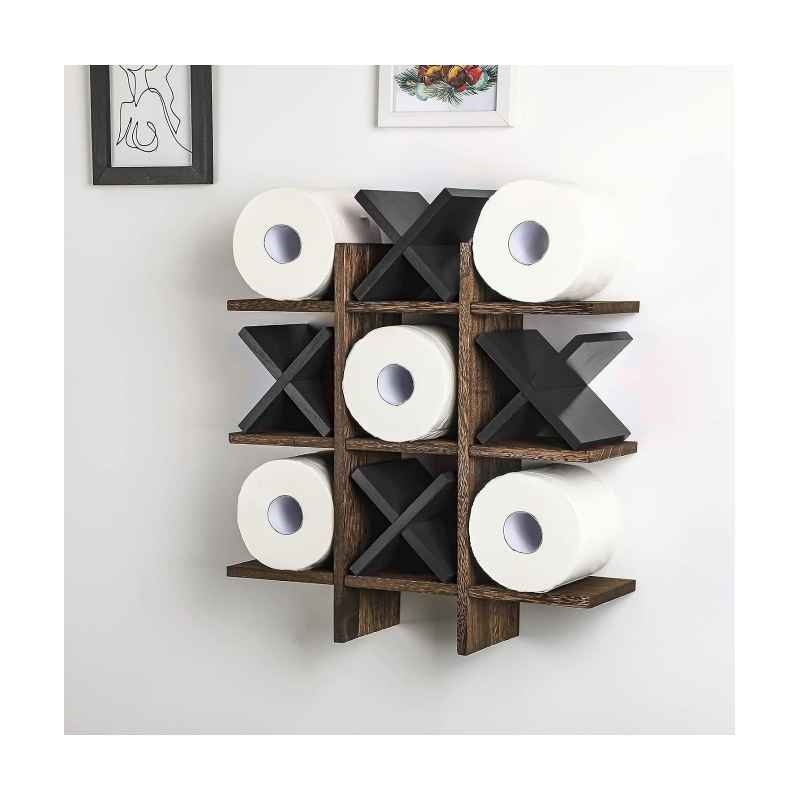 Weysat Tic Tac Toe Toilet Paper Holder,Brown, Black | Farmhouse Bathroom Decor, Freestanding or Wall Mount Storage for