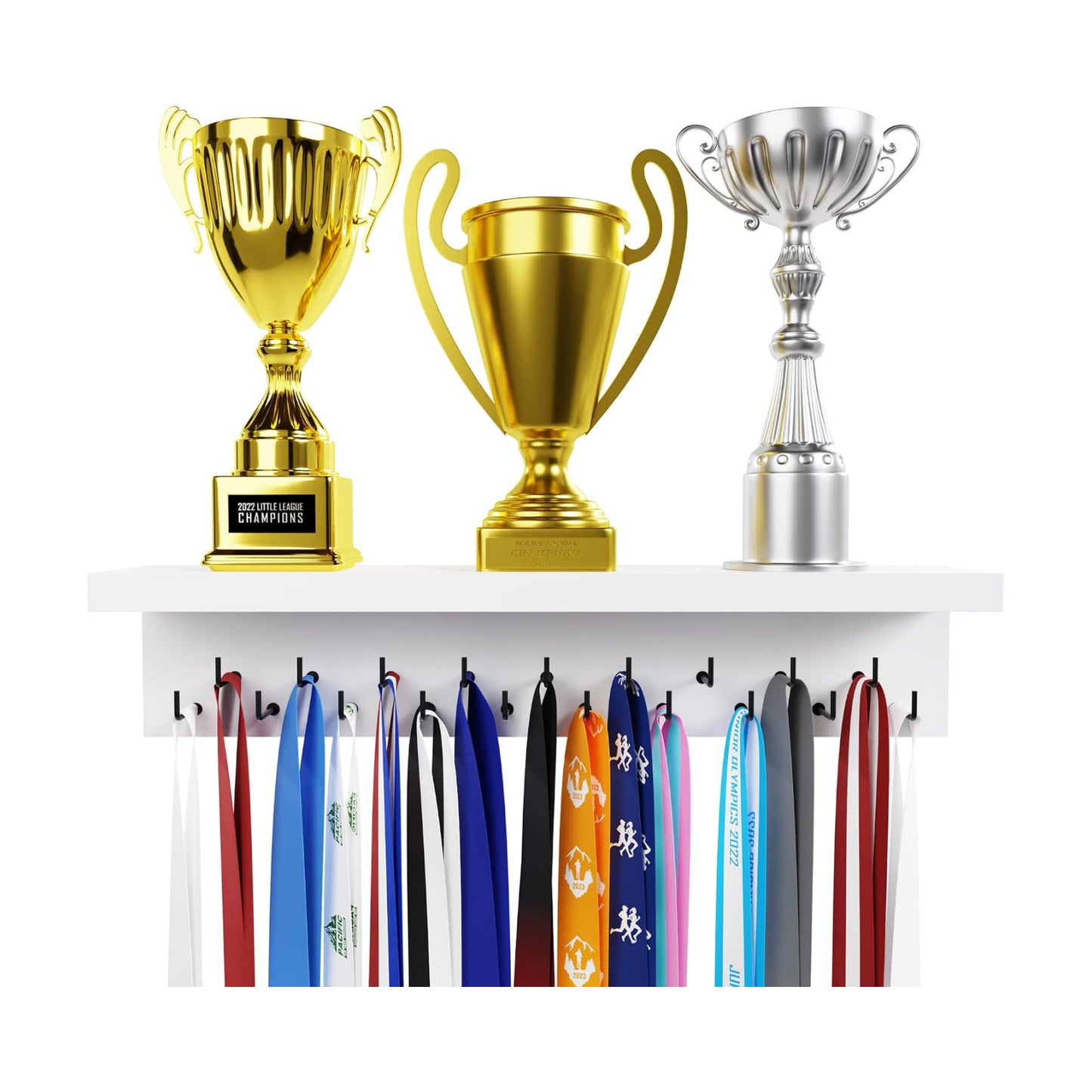 EVERMORE Medal Hanger Display and Trophy Shelf with Hooks - Wooden Medal Holder for Wall Mount Ribbon Display, Trophy