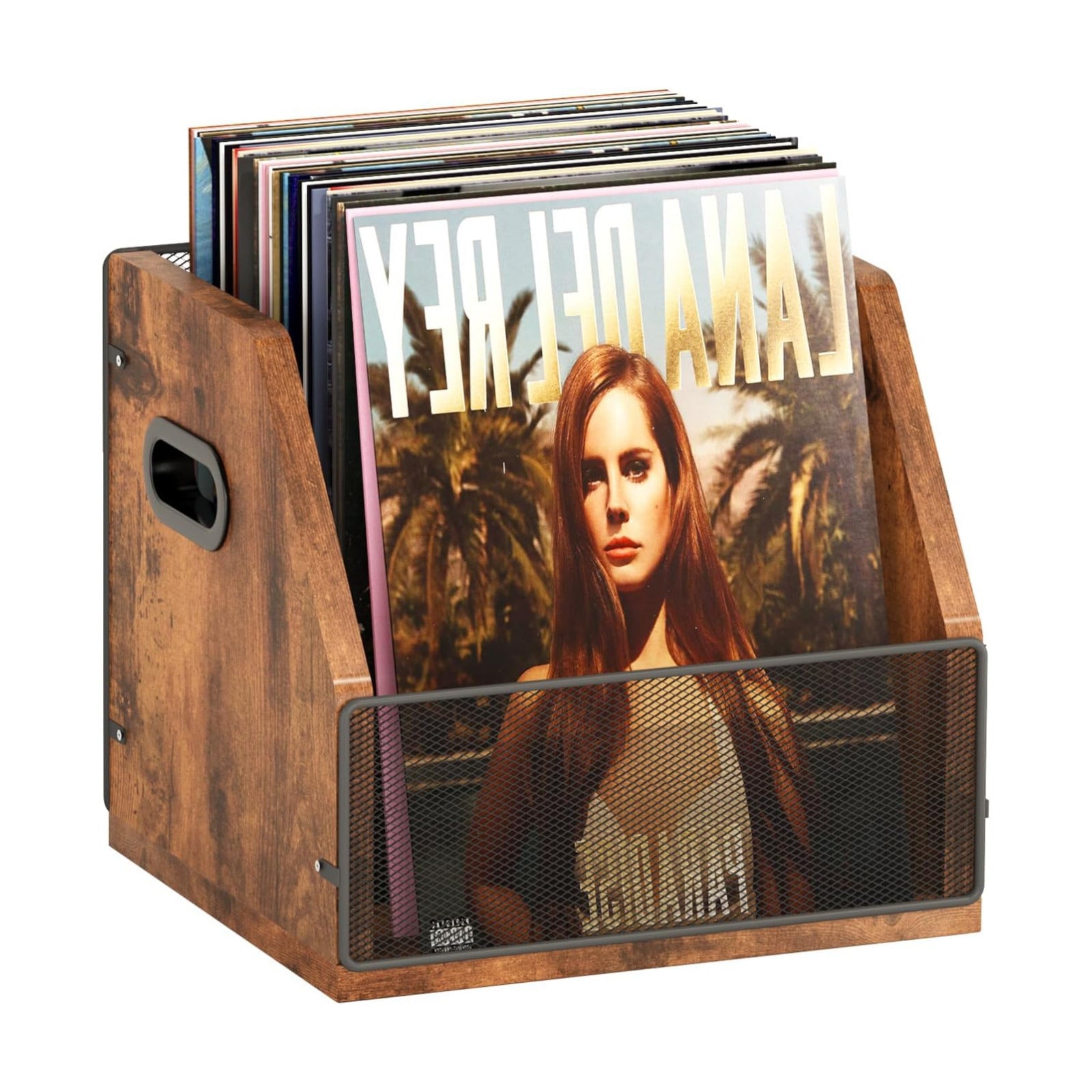 Homeiju Vinyl Record Storage, Record Box Case Crate, Vinyl Record Album Holder, Metal & Wooden LP Record Crate, Holds