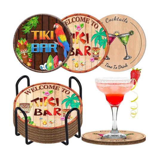 Holder Coaster for Drinks Thick Sturdy Absorbent Cork Funny Tiki Bar Designs / Colorful / Set of 6