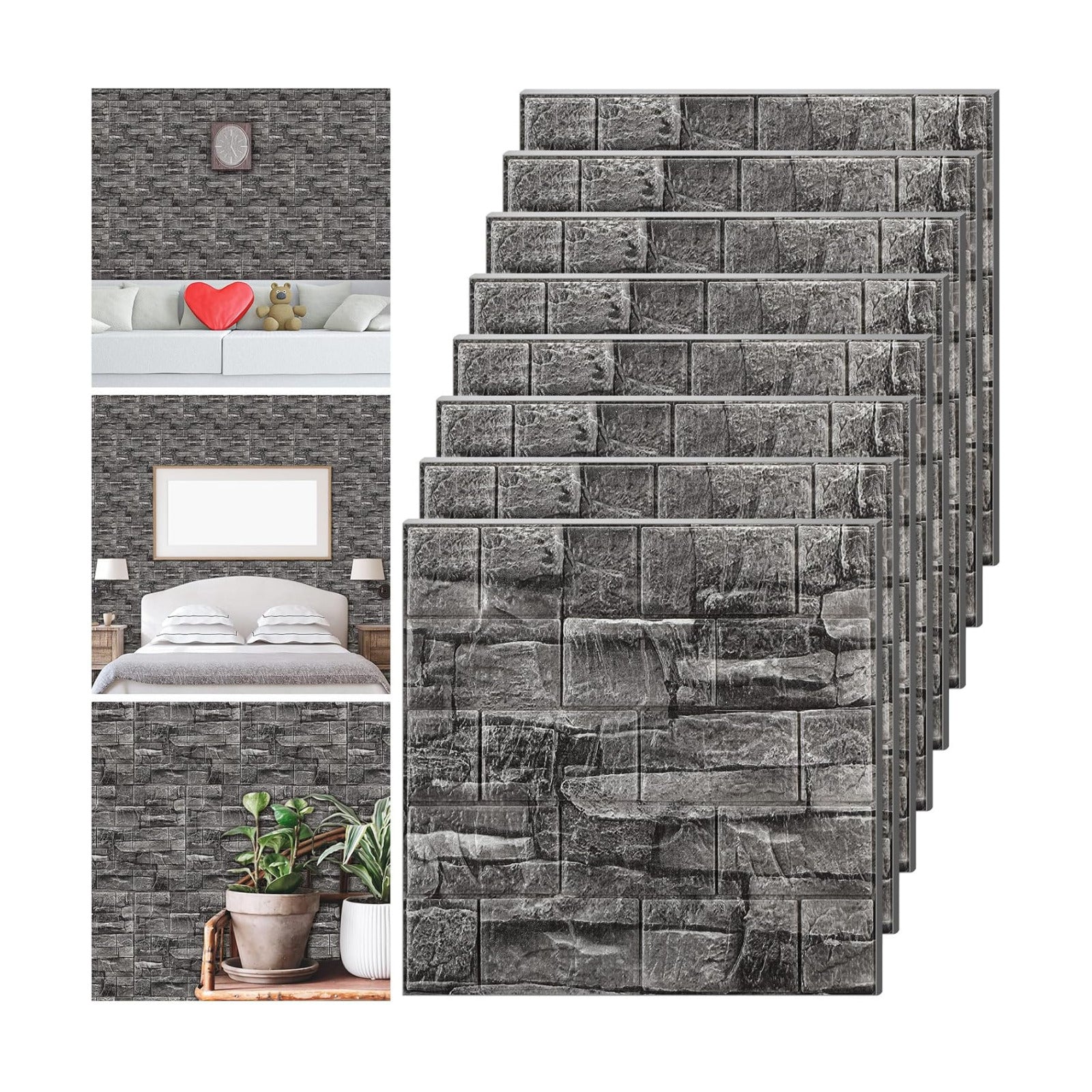 30 Pcs 3D Wall Panels Peel and Stick Wallpaper Foam, Grey Stone | Faux Brick Stone Tiles, Covering 28.8-48.4 Sq ft