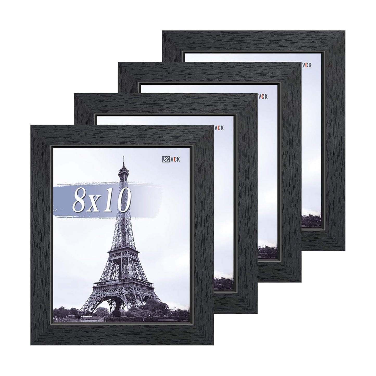 VCK 8x10 Picture Frame Set of 4, Black Wooden Photo Frames with Plexiglass, Vertical Horizontal Wall & Tabletop Display