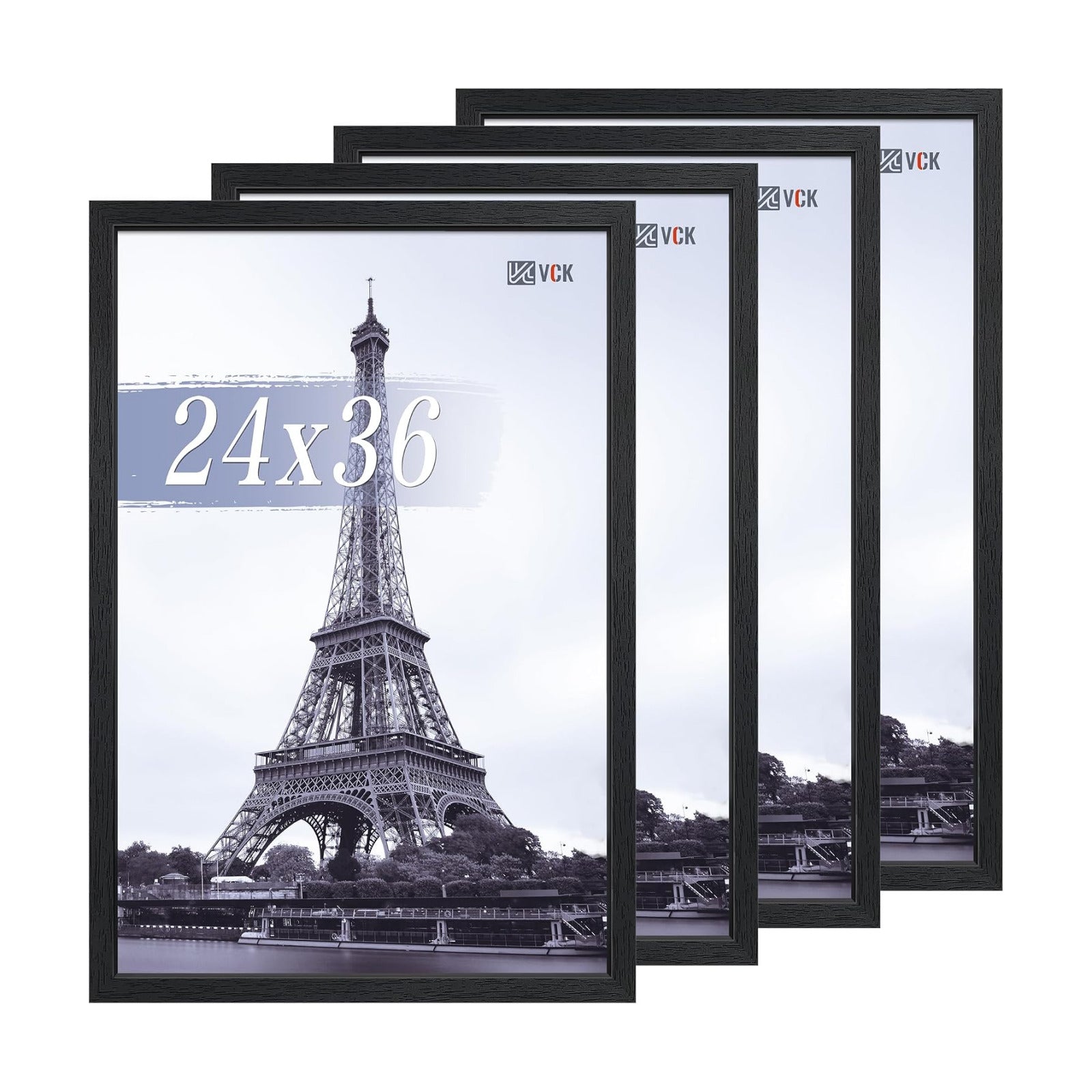 VCK 24x36 Poster Frame Black 4 Pack, Wide Wood Border, for Gallery Wall | Wall Hanging, Textured Wood, Shatterproof
