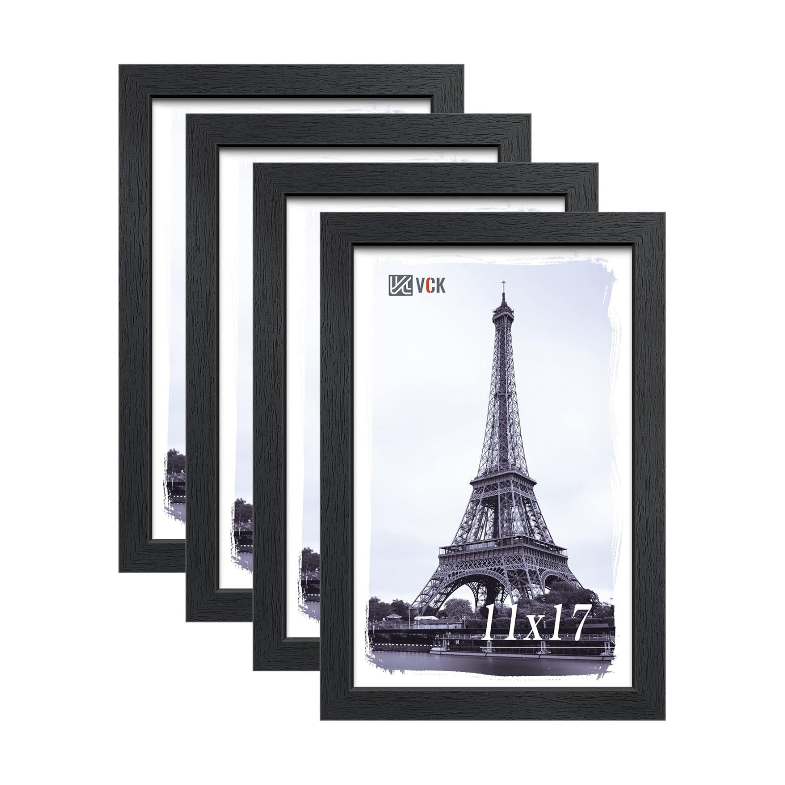 VCK 11x17 Picture Frame Black 4 Pack, Wide Thick Wood Border, for Posters | Exclusive Woodgrain, Wall Hanging, HD