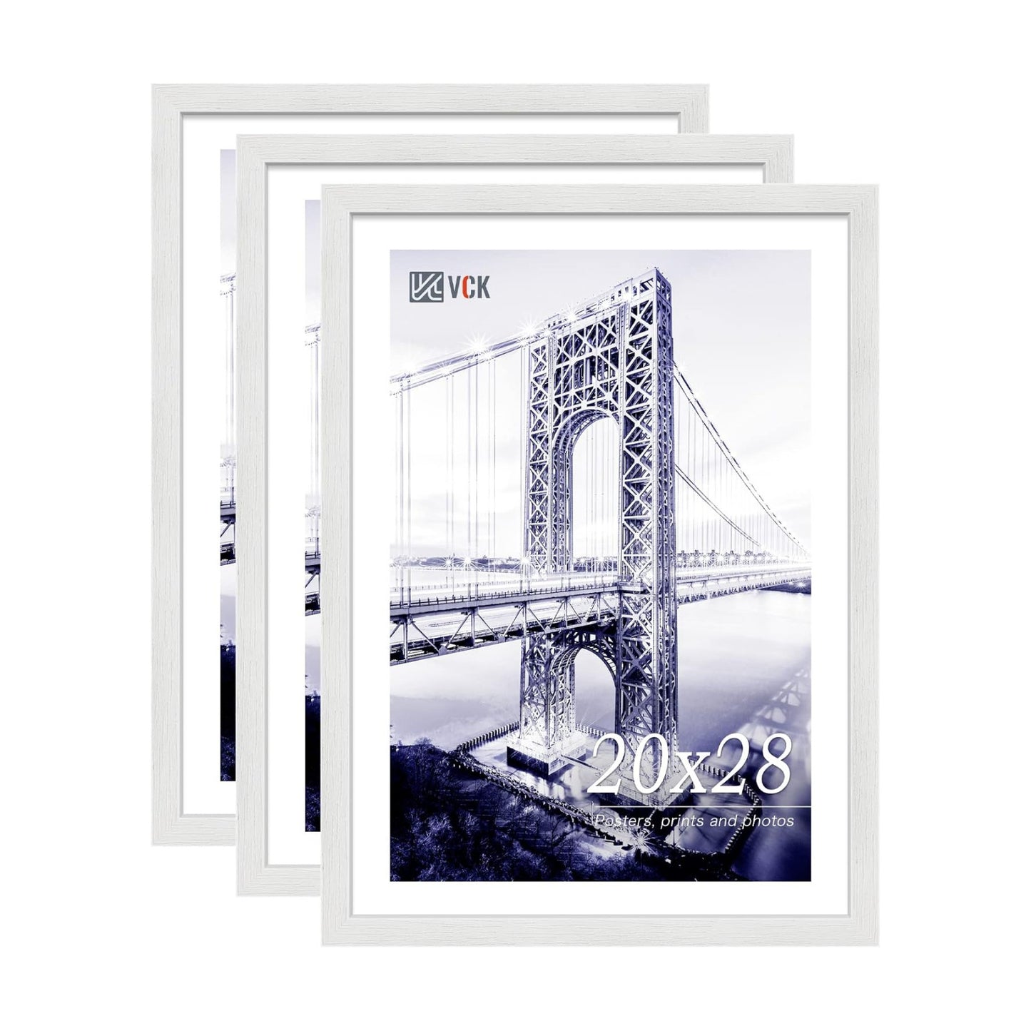 VCK 20x28 Poster Frame Solid Wood White 3 Pack Picture Frames 20 x 28 Inches with Wall Mounting Hanging