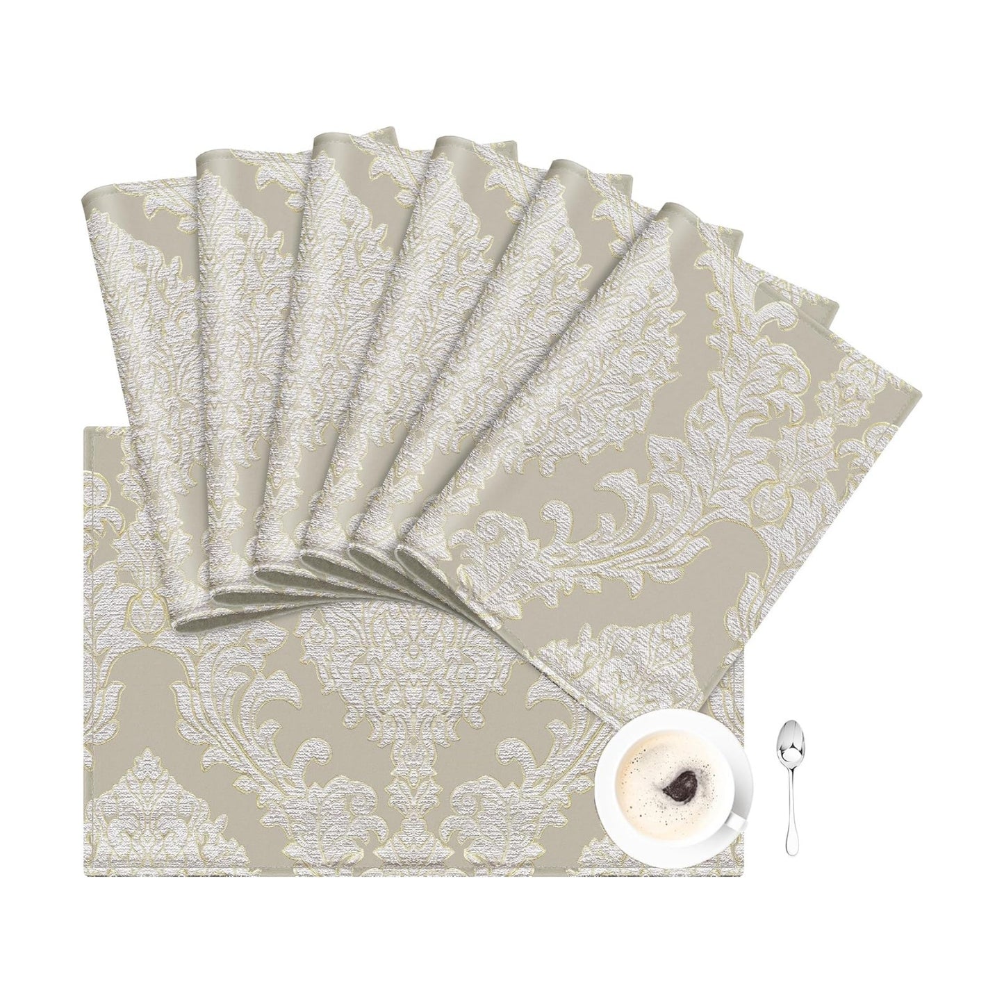 Loom and Mill Luxury Damask Jacquard Placemats Set of 6, Beige, 12x18 in | Non-Slip Table Place Mats for Home Kitchen