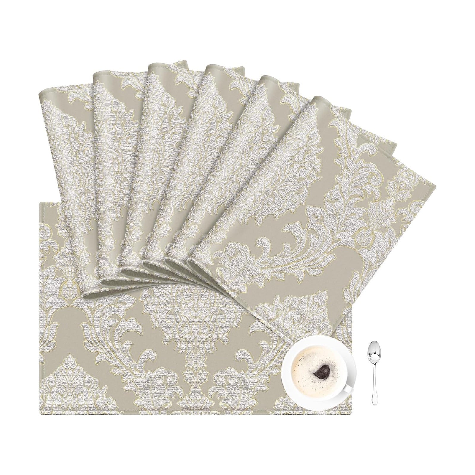 Loom and Mill Luxury Damask Jacquard Placemats Set of 6, Beige, 12x18 in | Non-Slip Table Place Mats for Home Kitchen