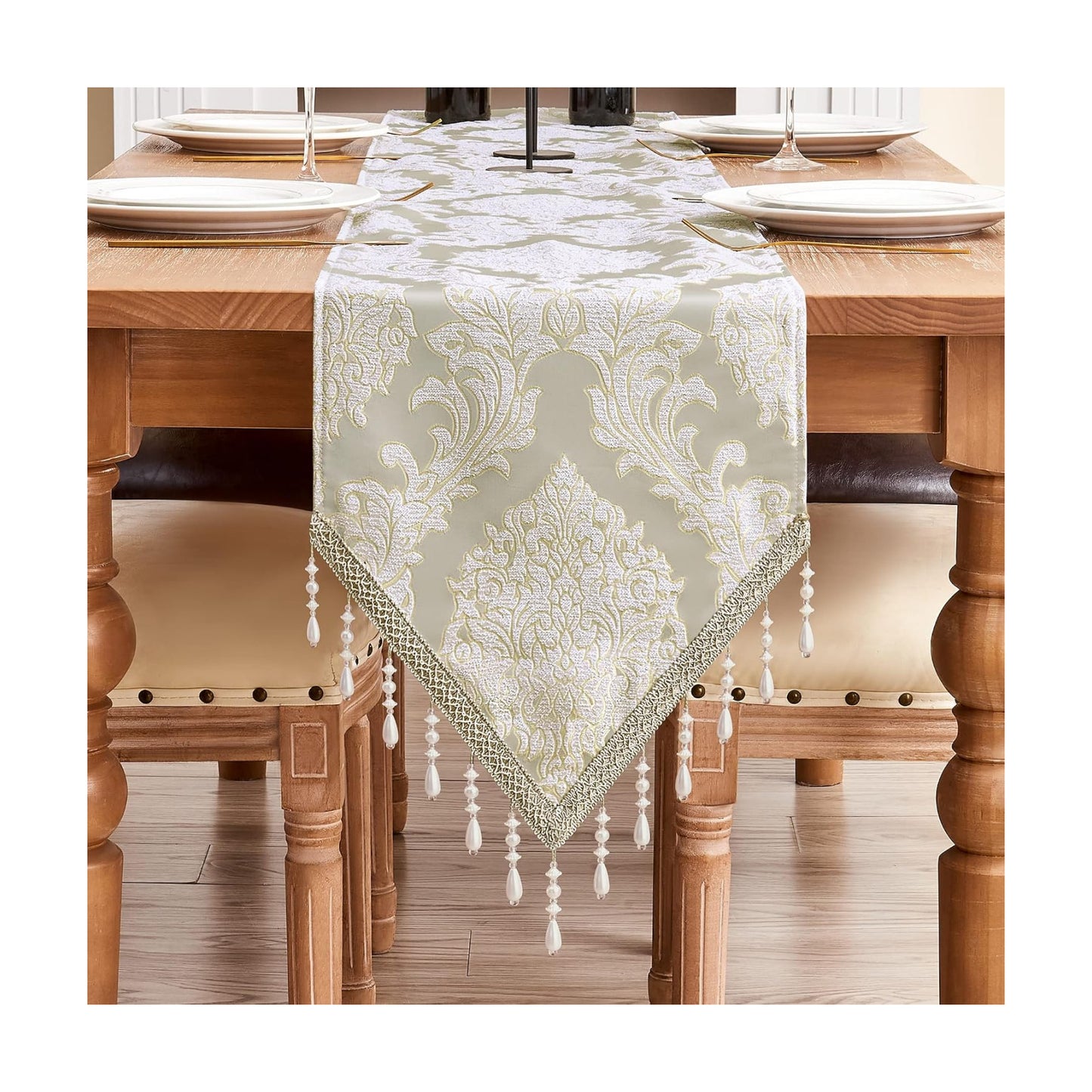 Loom and Mill Luxury Jacquard Damask Table Runner 13x72 inch, Beige | Elegant Fabric Dining Table Runners with