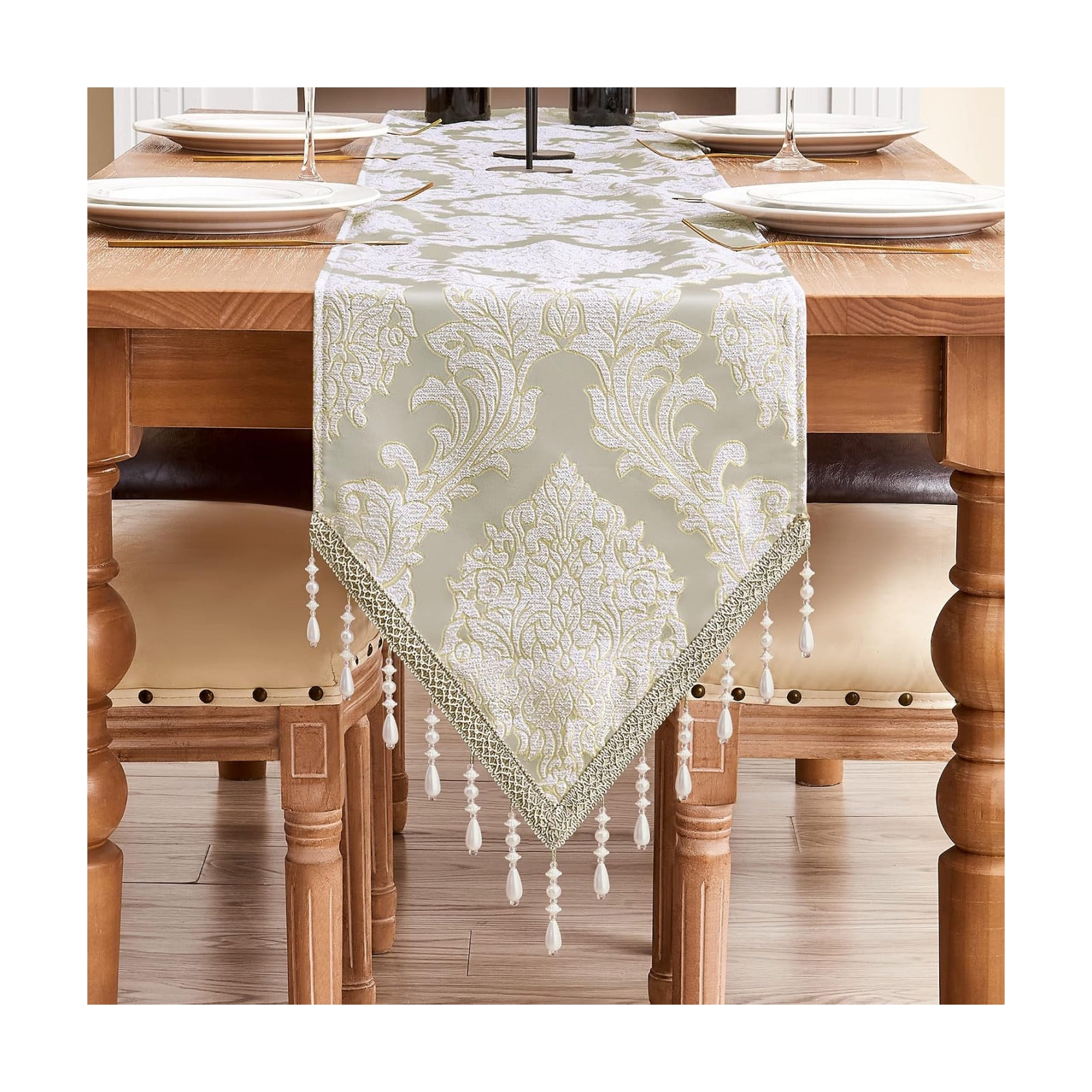 Loom and Mill Luxury Jacquard Damask Table Runner 13x72 inch, Beige | Elegant Fabric Dining Table Runners with