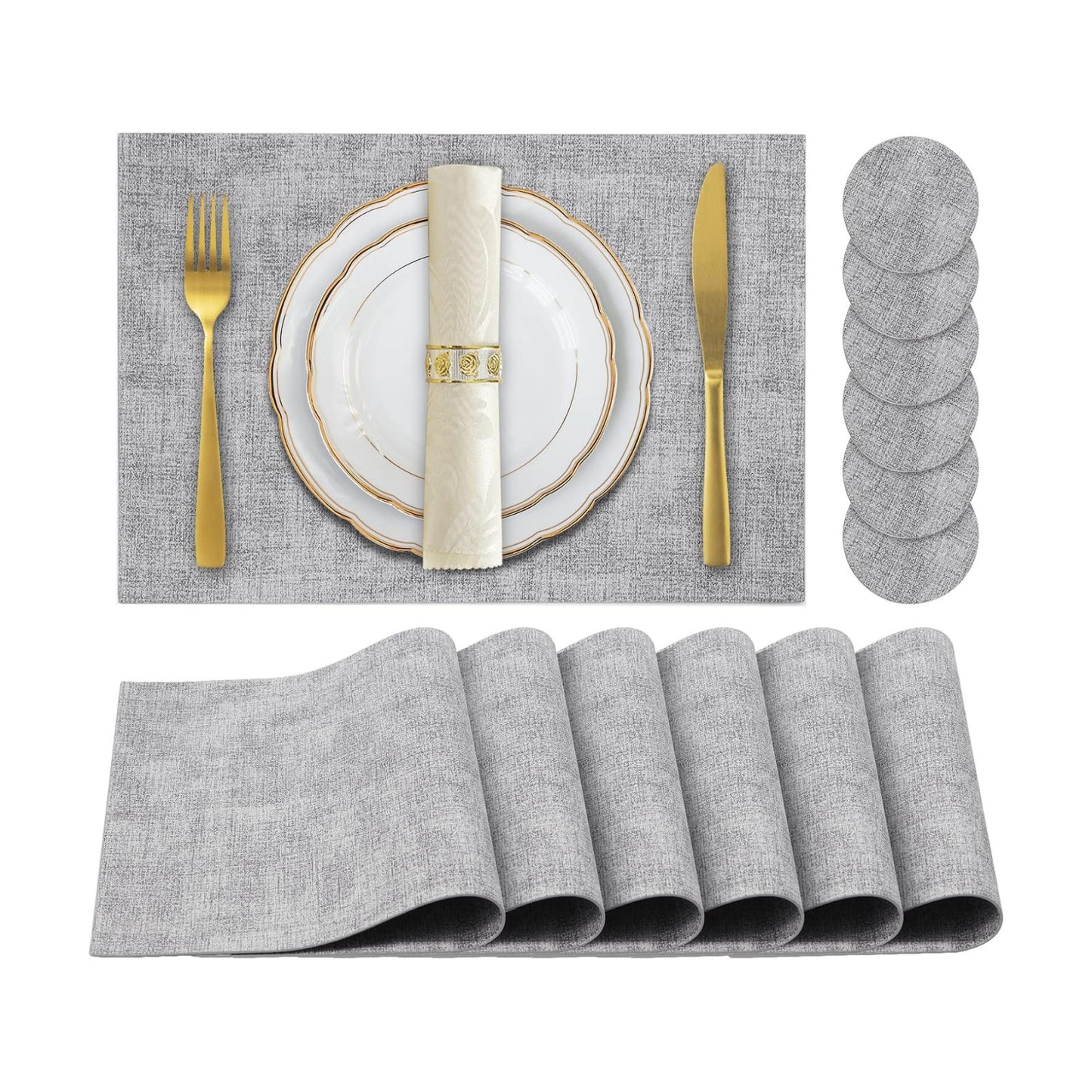 Faux Leather Placemats Set of 6,Heat Resistant Placemats for Dining Table, Easy Clean Non-Slip Place Mats, Waterproof