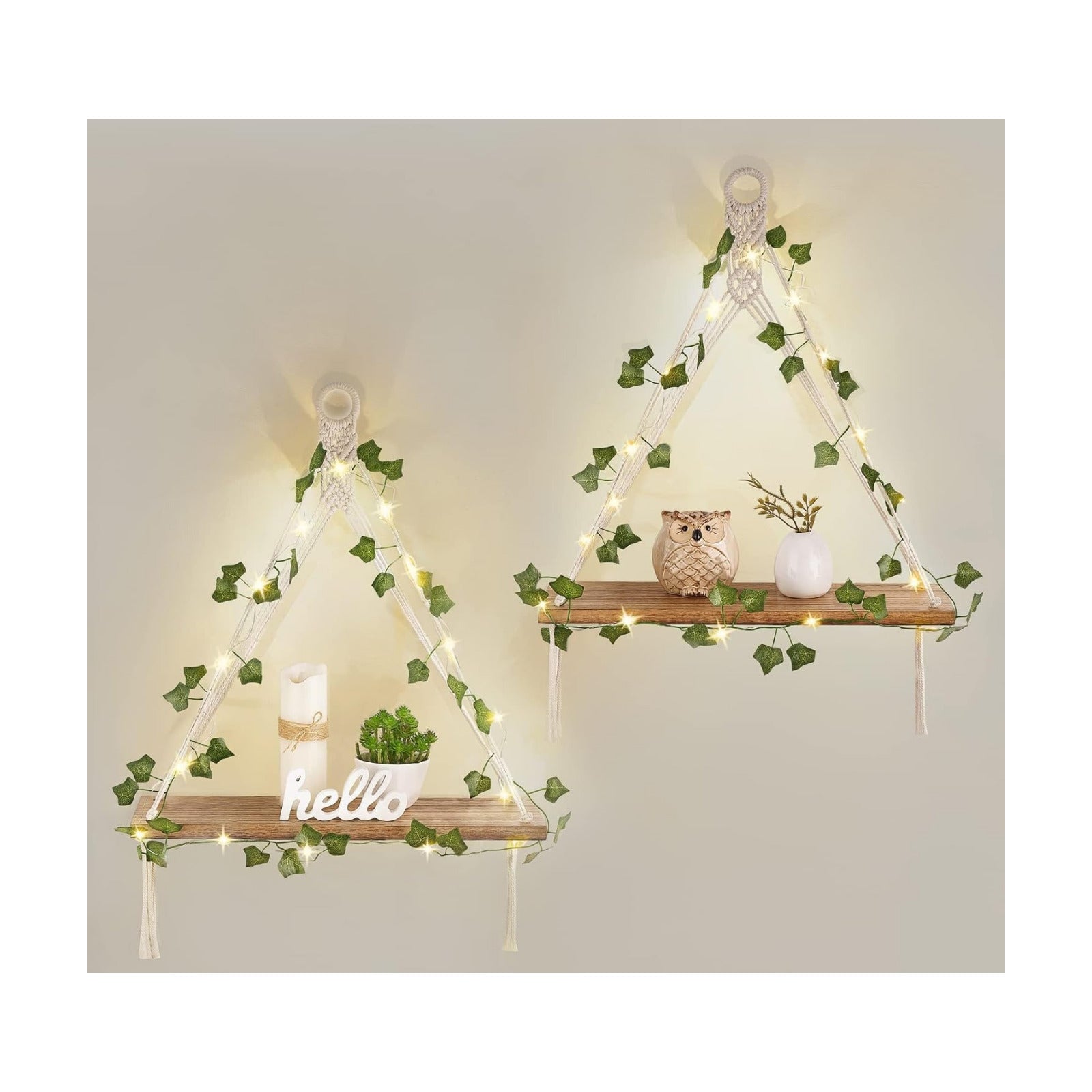 Artificial Ivy Macrame Hanging Shelves / Ivory / Set of 2