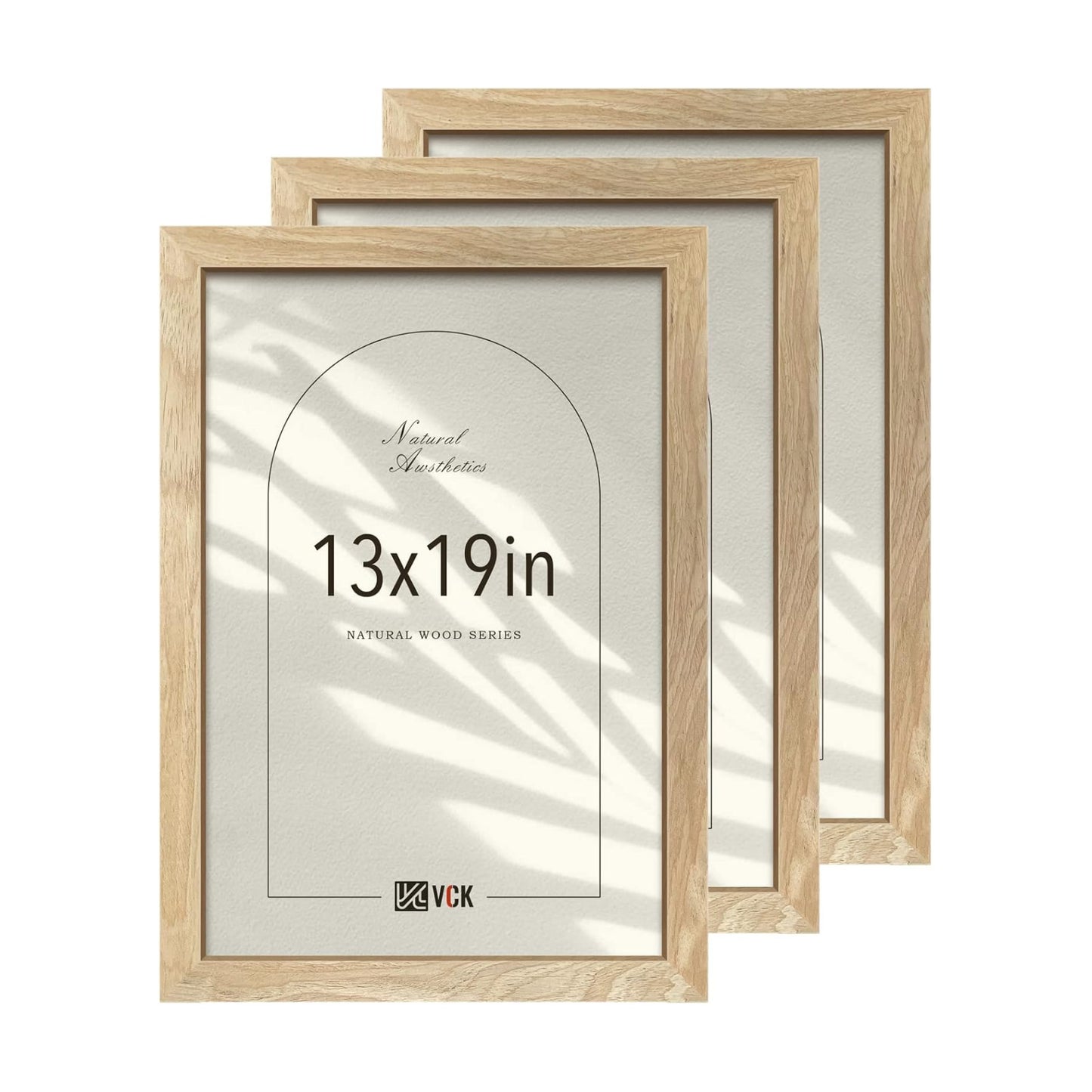 VCK 13x19 Picture Frame Set of 3, Natural Solid Wood, Wall Hanging | Wide Border, Light Woodgrain, Shatterproof