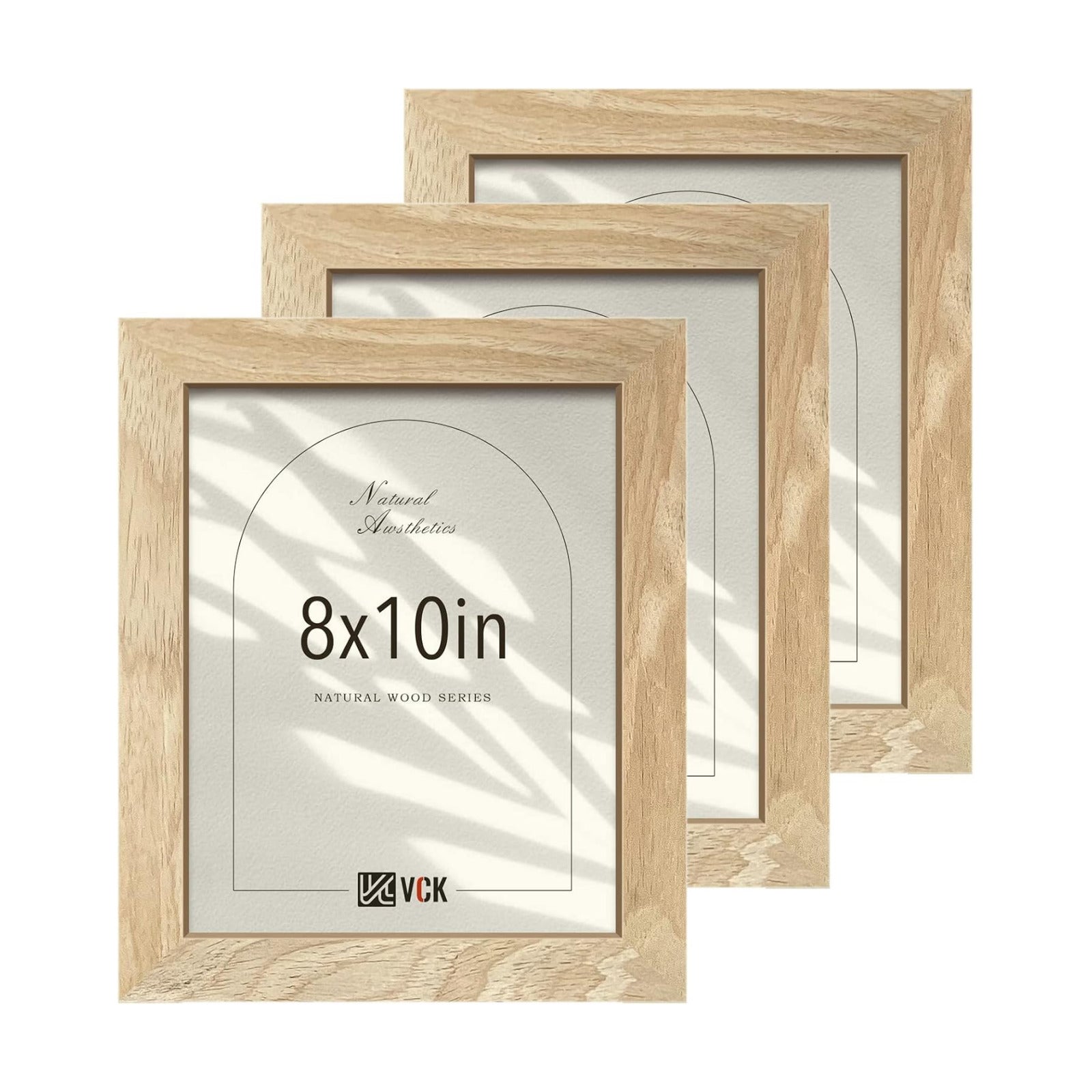 VCK 8x10 Picture Frame Set of 3, Natural Solid Wood, Wall/Tabletop Display | Wide Border, Light Woodgrain, Shatterproof