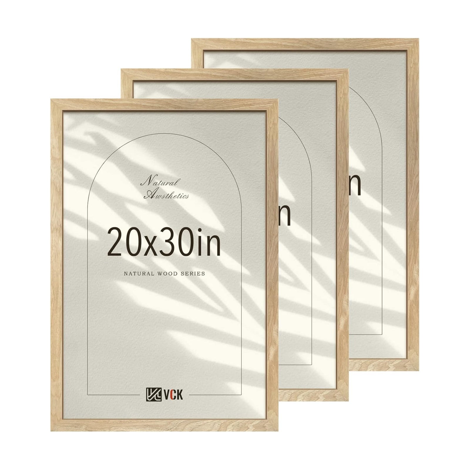 VCK 20x30 Poster Frame Set of 3, Natural Solid Wood, Wall Hanging | Wide Border, Light Woodgrain, Shatterproof