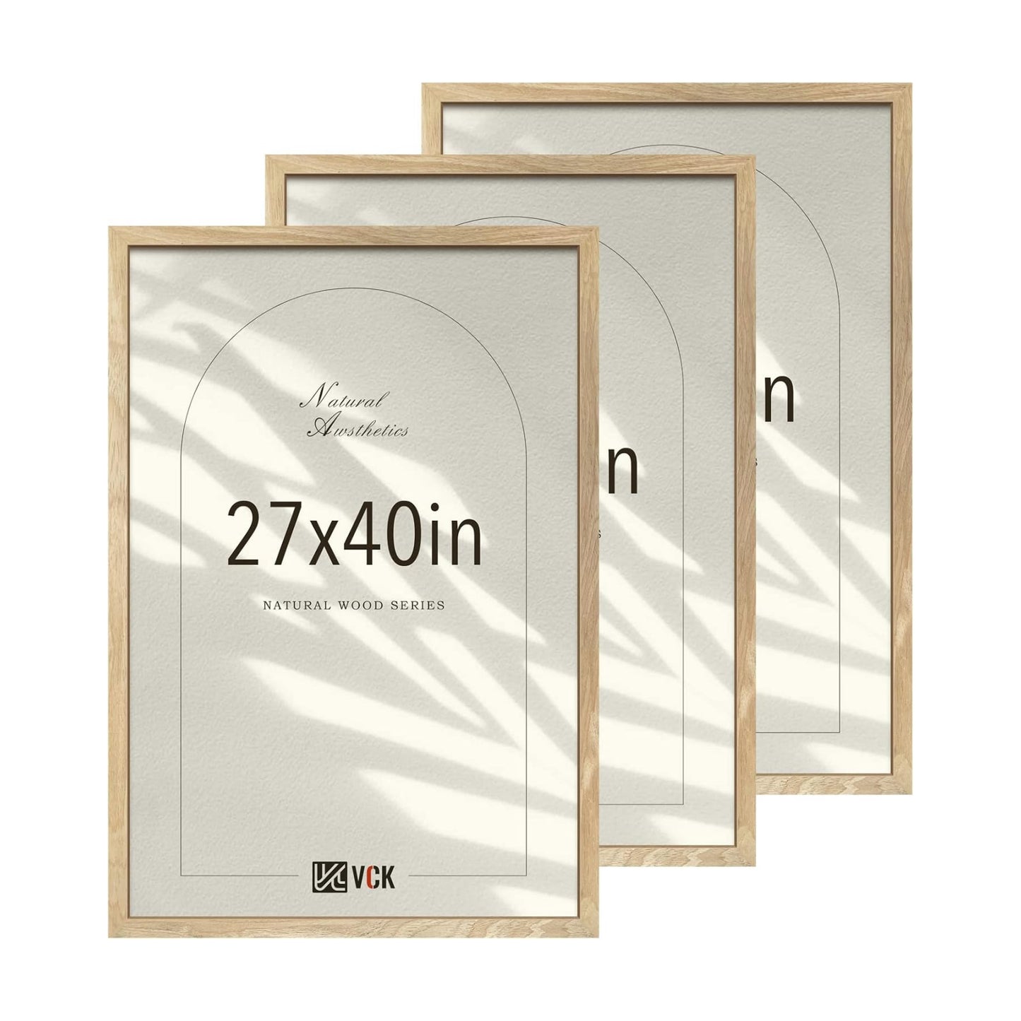 VCK 27x40 Inch Poster Frame Set of 3, Natural Solid Wood, Wall Hanging | Wide Border, Light Woodgrain, Shatterproof