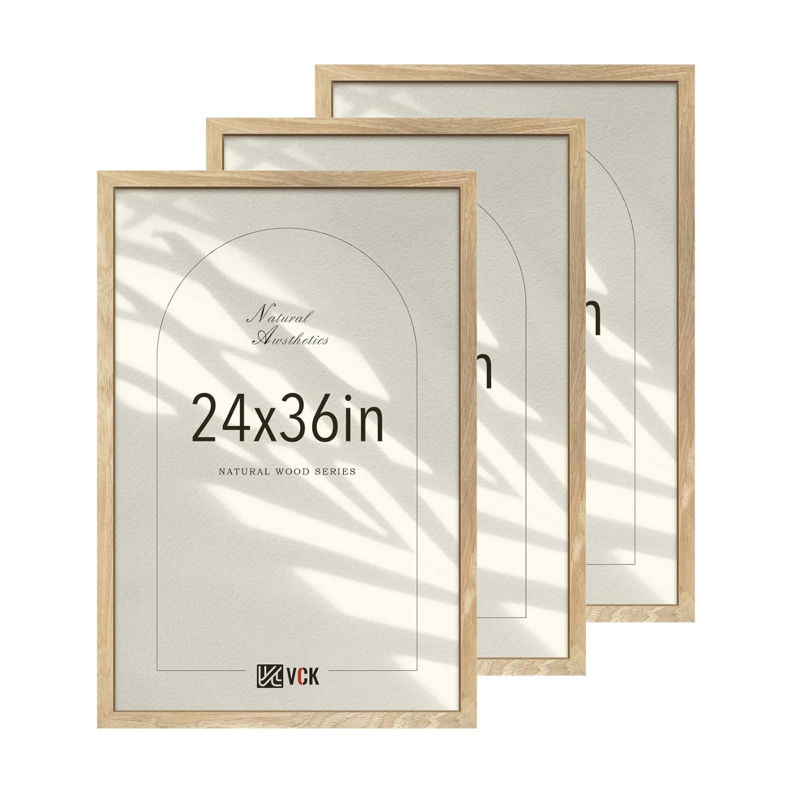 VCK 24x36 Poster Frame Natural Solid Wood 3 Pack, Exclusive Wood Grain Wall Hanging Picture Frame for Home Decoration