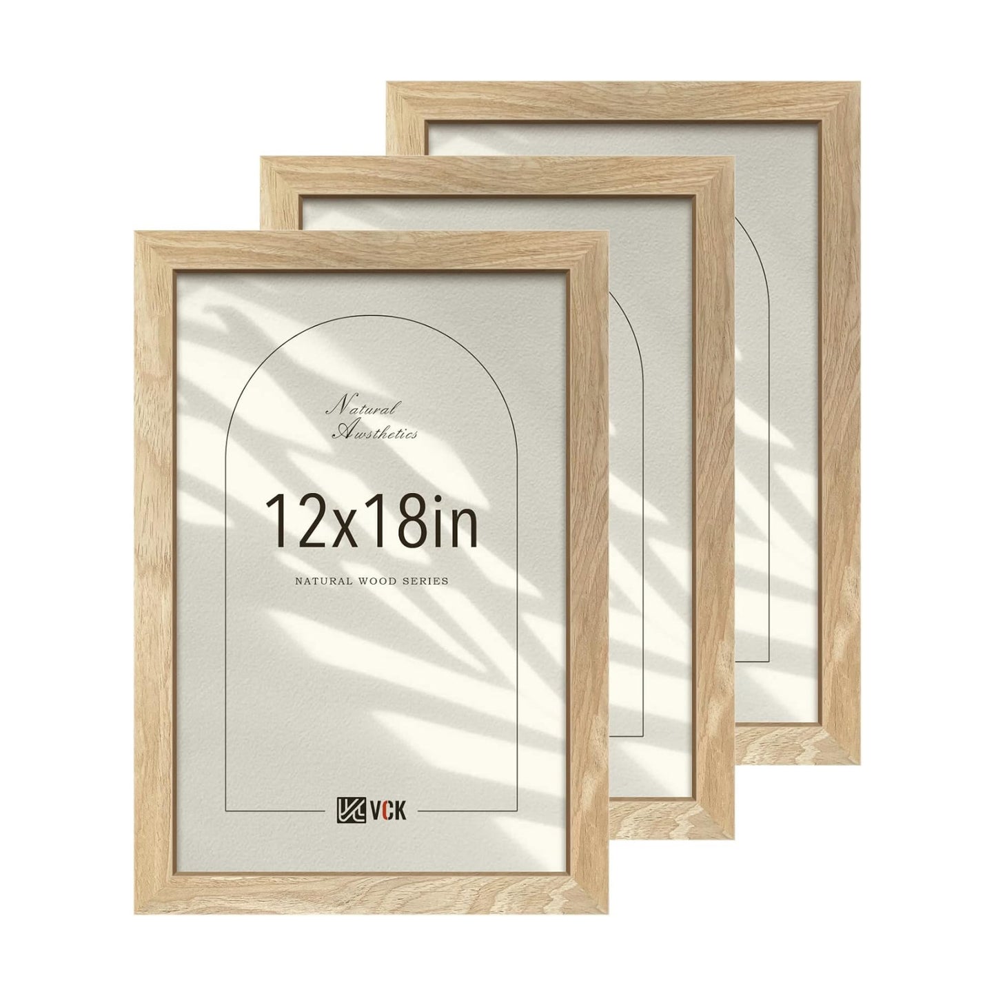 VCK 12x18 Picture Frame Set of 3, Natural Solid Wood, Wall Hanging | Wide Border, Light Woodgrain, Shatterproof