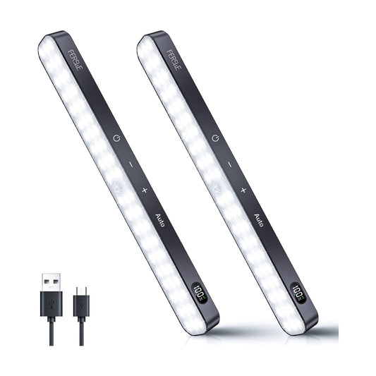 Ferswe Under Cabinet Lights Rechargeable, Battery Level Display, 60 LED Motion Sensor Cabinet Light, Dimmable Touch