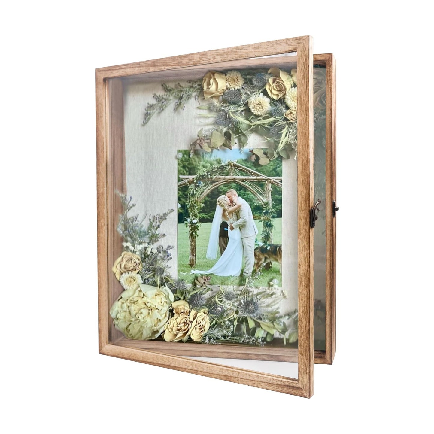 Large Shadow Box Frame 13x16 Display Case, Wood Wedding Bouquet Memory Box | Hinged Front Open Door with Tempered