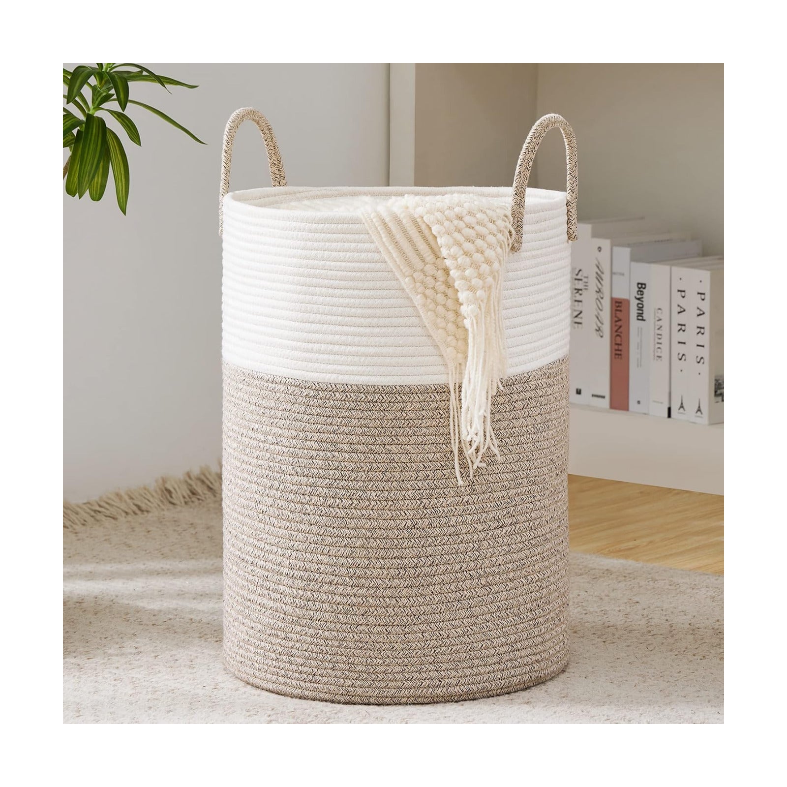 YOUDENOVA Woven Rope Laundry Hamper Basket, 58L Tall Laundry Basket, Baby Nursery Hamper for Blanket Storage in