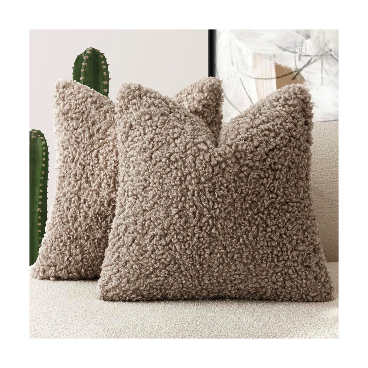 Teddy Faux Fur Throw Pillow Cover Decorative Sherpa Pillow Fuzzy / 18 x 18 / Khaki / Set of 2