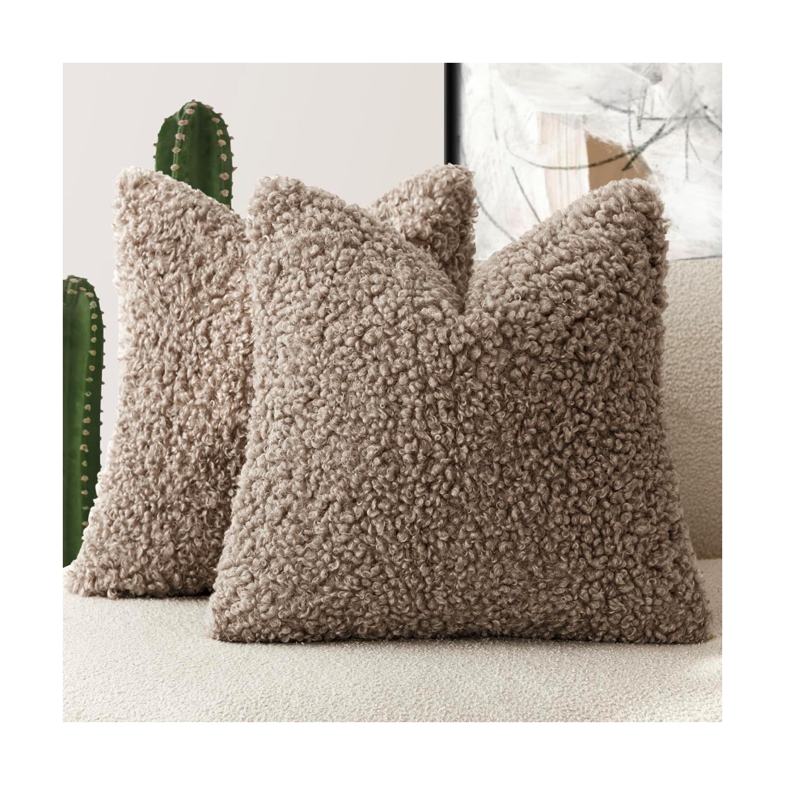 Teddy Faux Fur Throw Pillow Cover Decorative Sherpa Pillow Fuzzy / 18 x 18 / Khaki / Set of 2