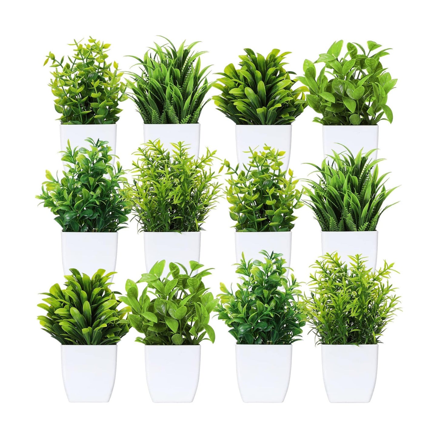 Fake Plants Small Artificial Faux Plants / White Pot / Green / Set of 12
