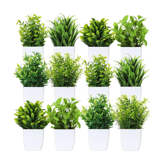 Fake Plants Small Artificial Faux Plants / White Pot / Green / Set of 12