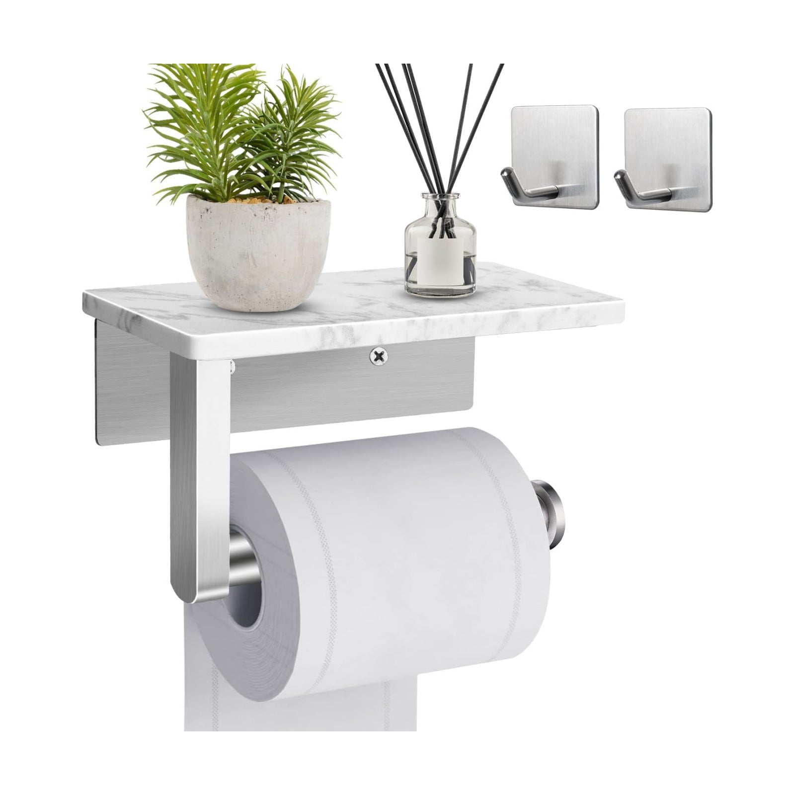 Toilet Paper Holder with Marble Shelf, SUS304 Stainless Steel Wall Mounted Toilet Paper Holder and 2 PCS Free Adhesive