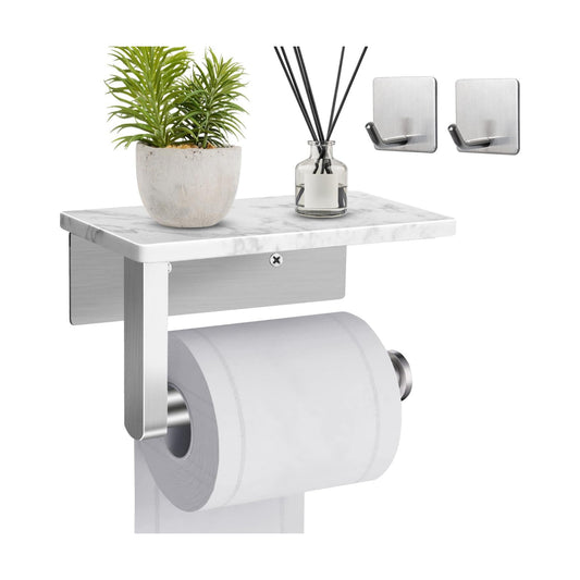 Toilet Paper Holder with Marble Shelf, SUS304 Stainless Steel Wall Mounted Toilet Paper Holder and 2 PCS Free Adhesive