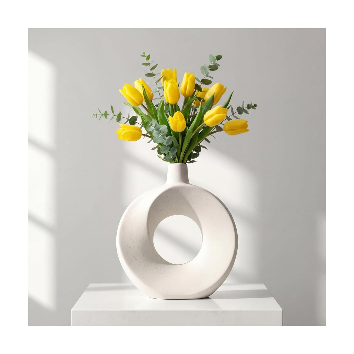 Modern Speckled Matte Circular Hollow Vase / Speckled White / Large - 10.24