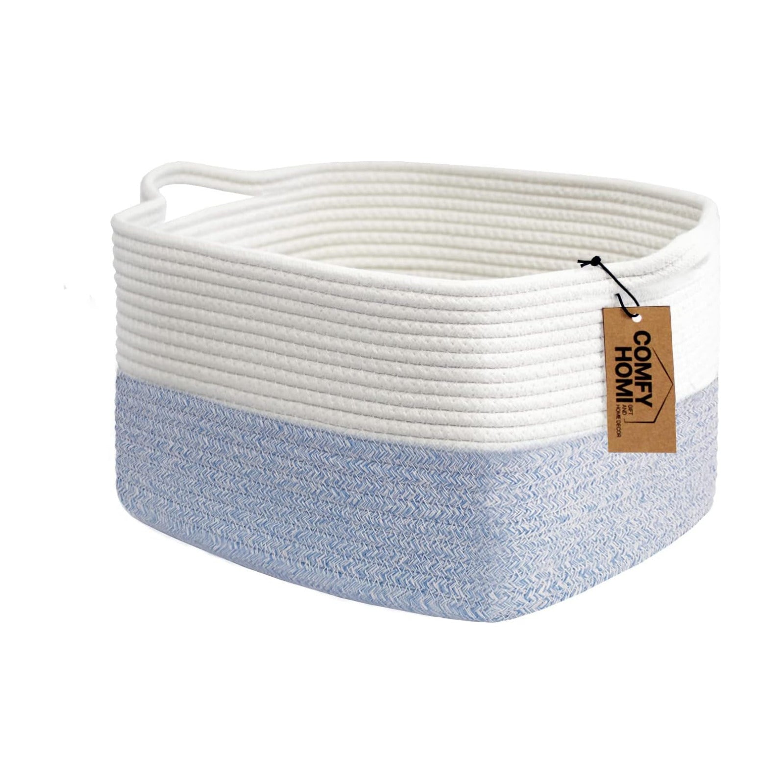 Cotton Rope Woven Basket / 13.5 x 11 x 9.5 / White/blue