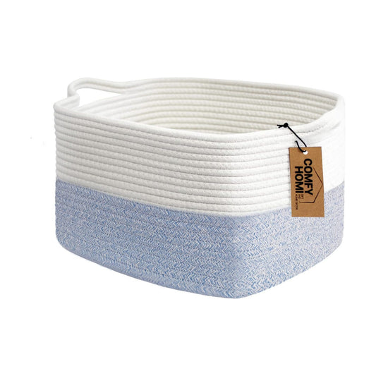 Cotton Rope Woven Basket / 13.5 x 11 x 9.5 / White/blue