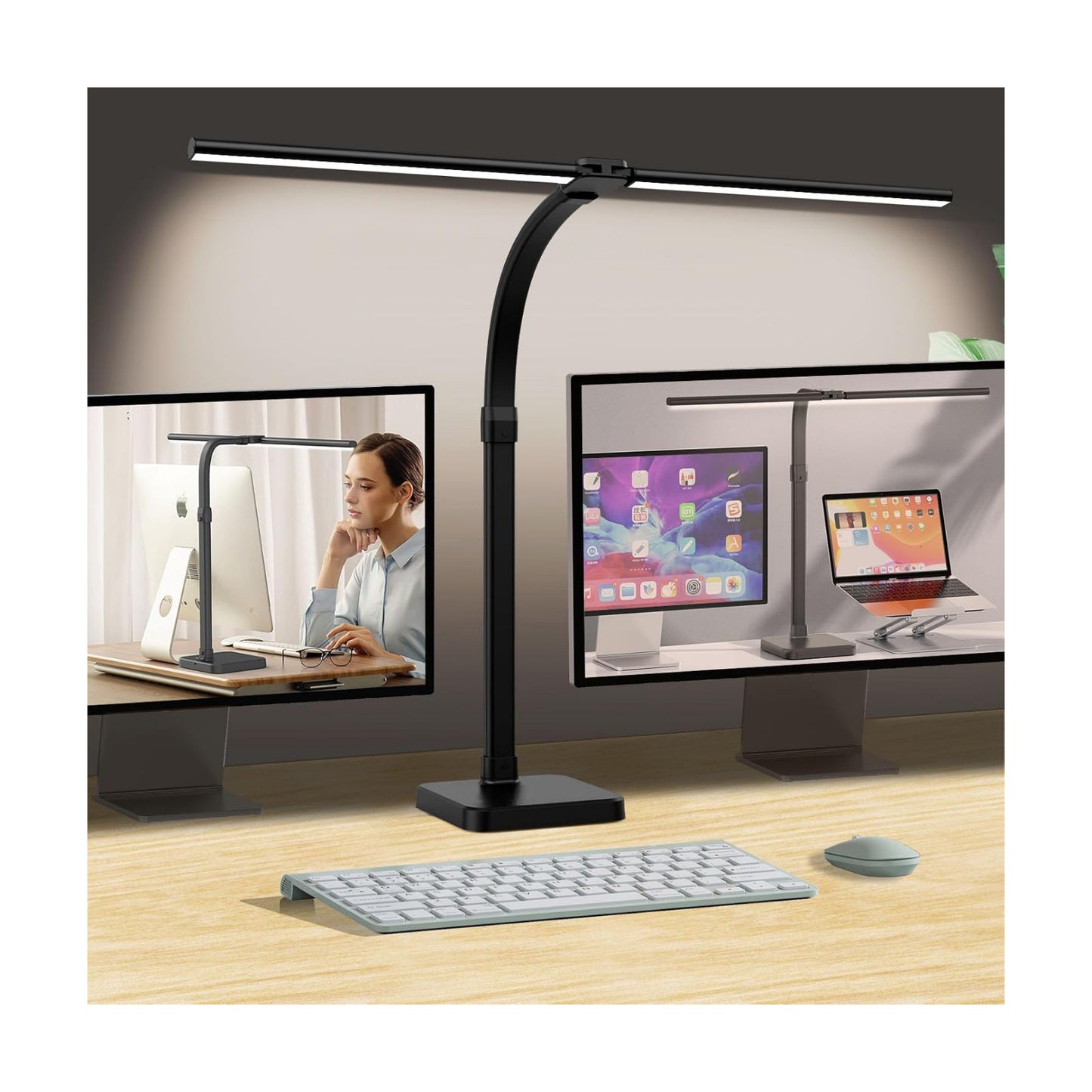 AKRRYR LED Desk Lamp for Home Office, Double Head 24W with Base, Architect Light 5 Lighting Brightness Flexible