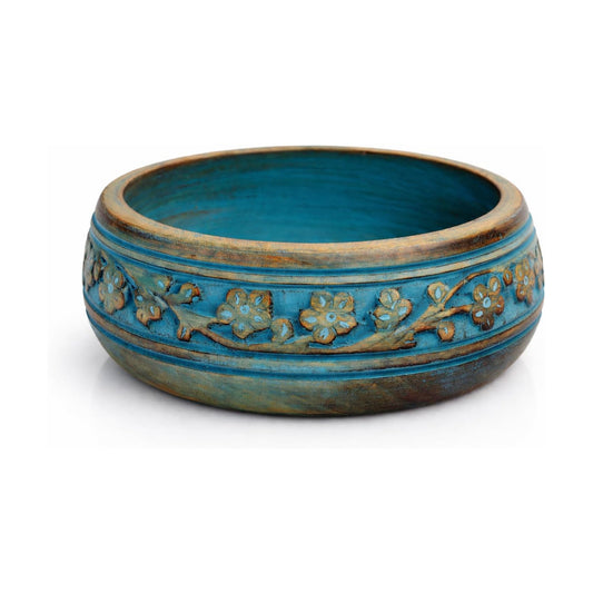 Handmade " Decorative Mango Wood Snack Serving Bowl For Dry Fruits Chips / Blue Wash Finish / 6 x 2