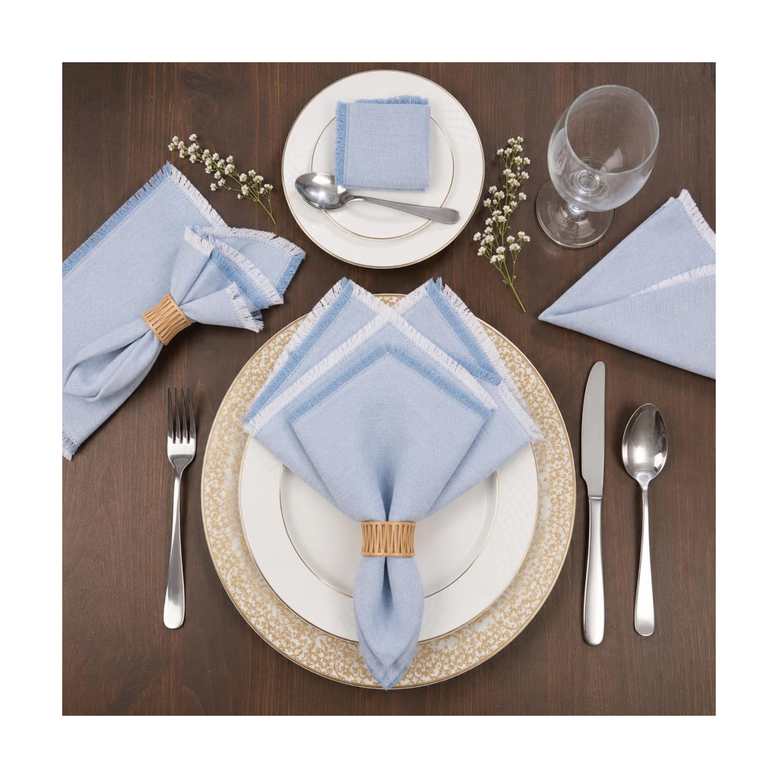 Folkulture Cloth Napkins, Set of 12, Fringe Blue (18x18 Inch) | 100% Cotton, Decorative, Machine Washable, Soft