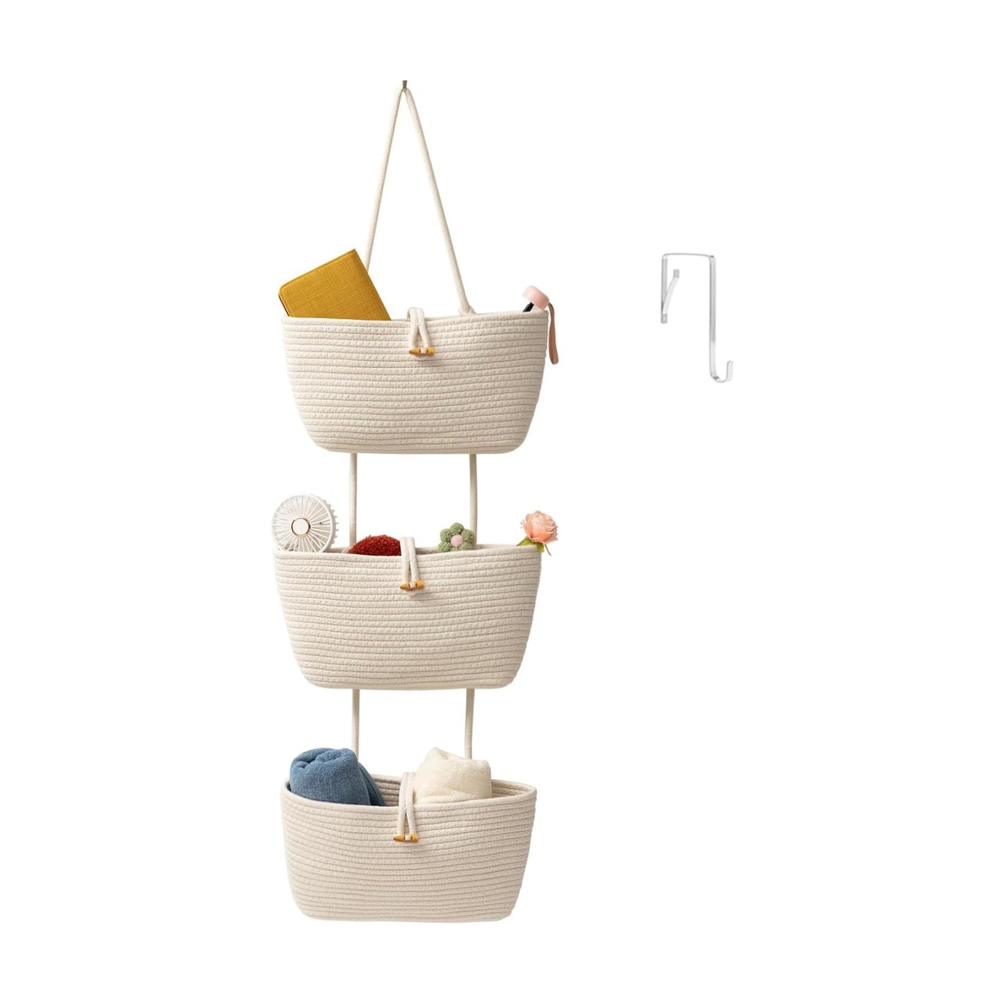 3-Tier Woven Cotton Storage Organizer Bag / White / 3 Tier+button