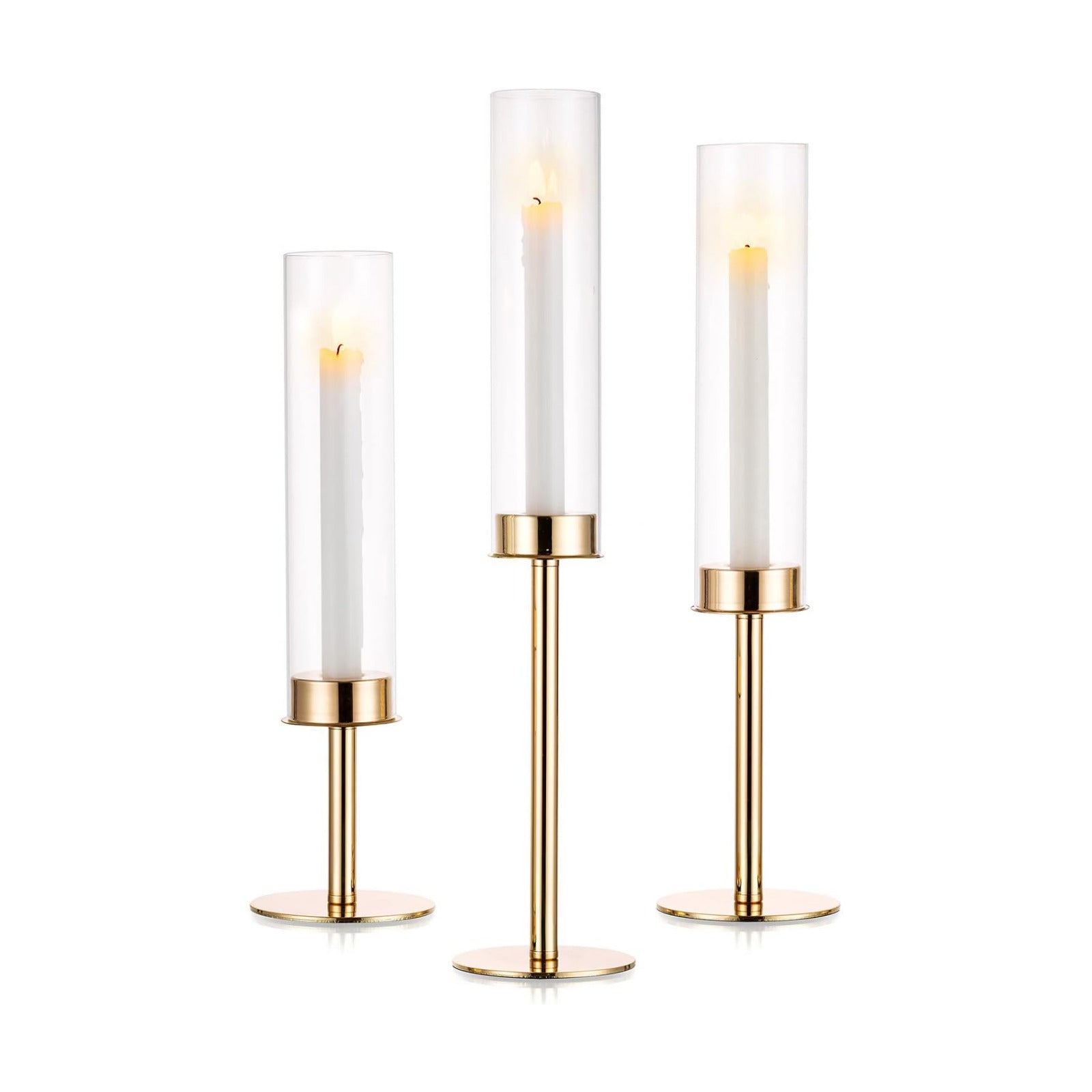 Nuptio Gold Candlestick Holder Tall Hurricane Candle Holder Set of 3 Taper Candle Holders Candle Stand Glass Cover