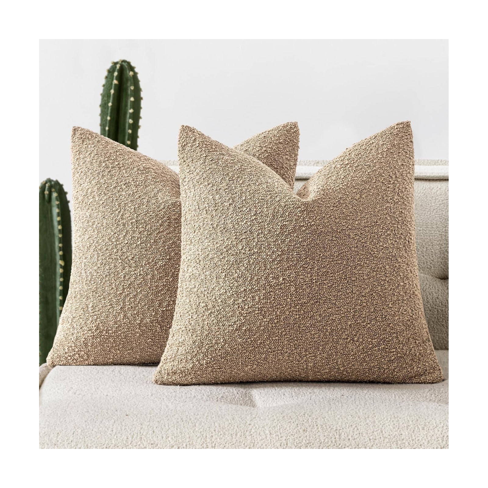 Decorative Boucle Throw Pillow Covers Textured Square Pillowcaes Accent / 18 x 18 / Khaki / Set of 2