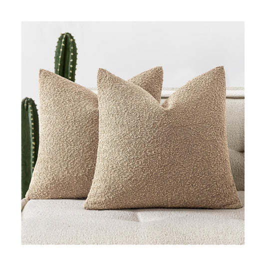 Decorative Boucle Throw Pillow Covers Textured Square Pillowcaes Accent / 18 x 18 / Khaki / Set of 2