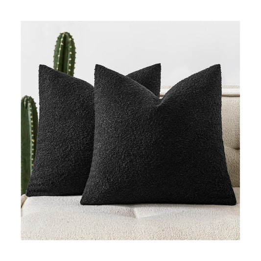Decorative Boucle Throw Pillow Covers Textured Square Pillowcaes Accent / 18 x 18 / Black / Set of 2