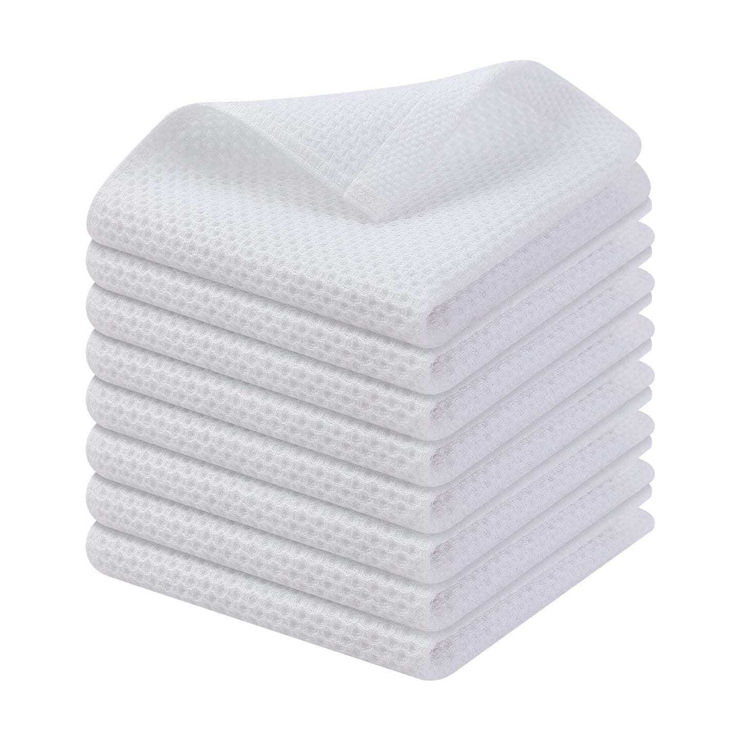 Kitinjoy 100% Cotton Waffle 8-Pack Kitchen Towels, 12" x 12", White | Ultra Absorbent, Super Soft, lightweight, Quick