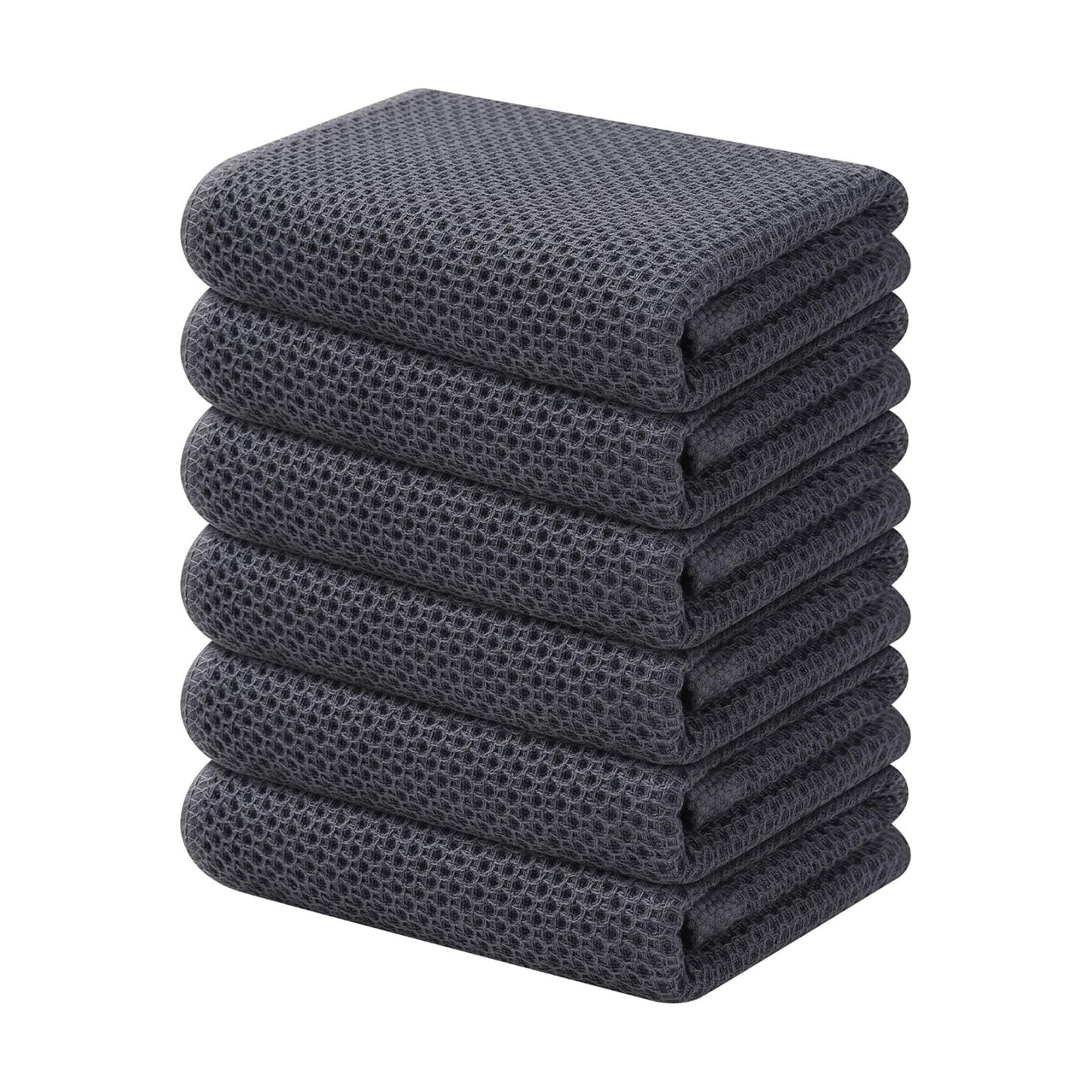 Kitinjoy 100% Cotton Waffle 6-Pack Kitchen Towels, 13" x 28", Dark Grey | Super Soft, Ultra-Absorbent, Fast Drying