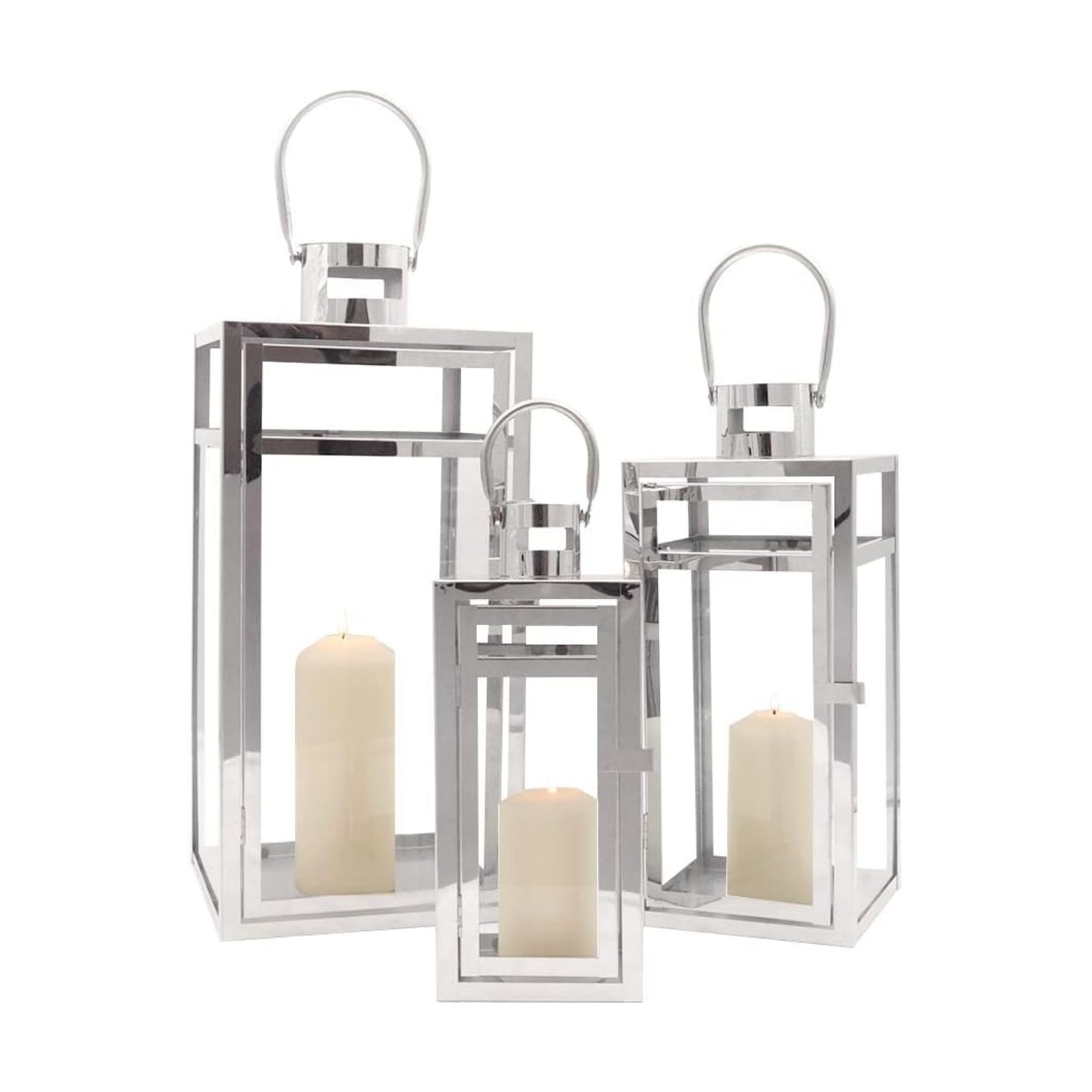 TRIROCKS Stainless Steel Lantern Set of 3, 19/15/12" Tall Metal Hanging Lanterns with Tempered Glass Panels, Indoor &