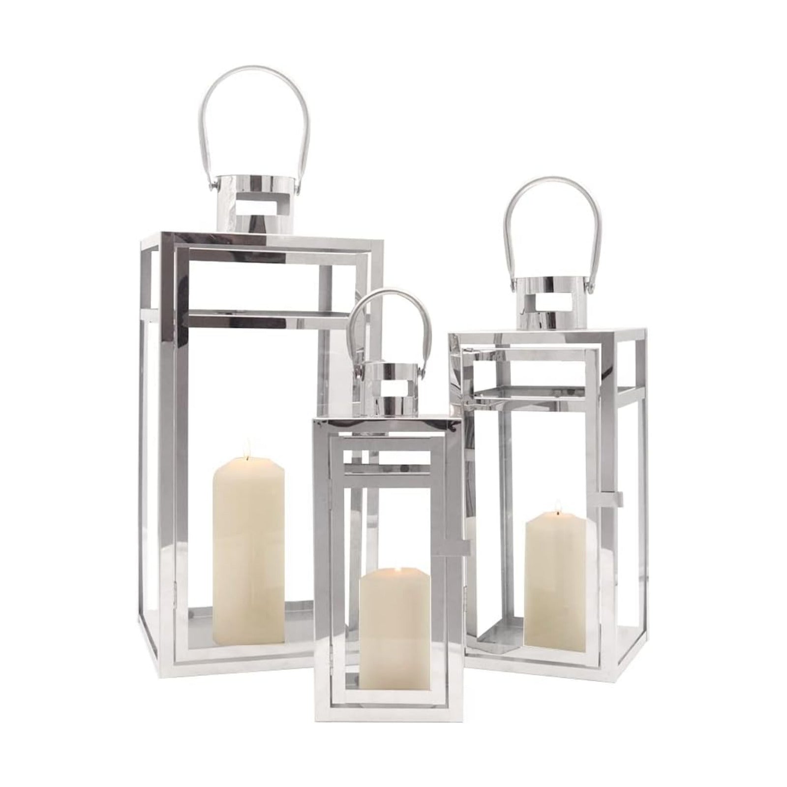 TRIROCKS Stainless Steel Lantern Set of 3, 19/15/12" Tall Metal Hanging Lanterns with Tempered Glass Panels, Indoor &